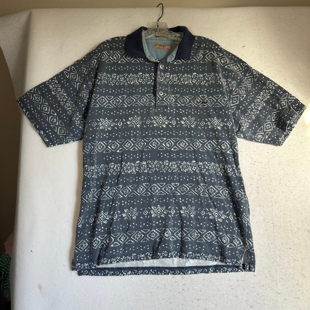 Vintage Guess Classic Sportswear Geometric Floral Print Polo Shirt Mens Large L